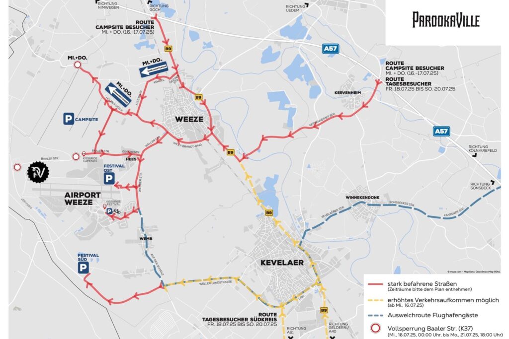 Karte von Weeze mit der Anfahrt zum Parookaville 2025. Karte von Weeze mit der Anfahrt zum Parookaville 2025.