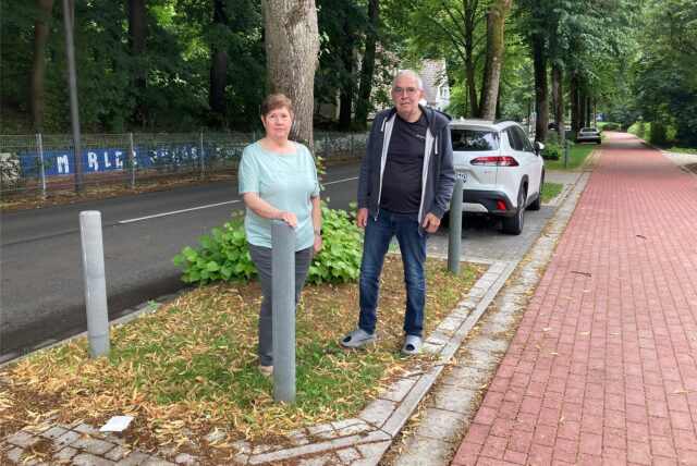 Die Kunststoffpfosten, die den Baum schützen sollen, empfinden Theresia und Rainer Sigleur als massive Verkehrsbehinderung,