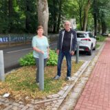 Die Kunststoffpfosten, die den Baum schützen sollen, empfinden Theresia und Rainer Sigleur als massive Verkehrsbehinderung,