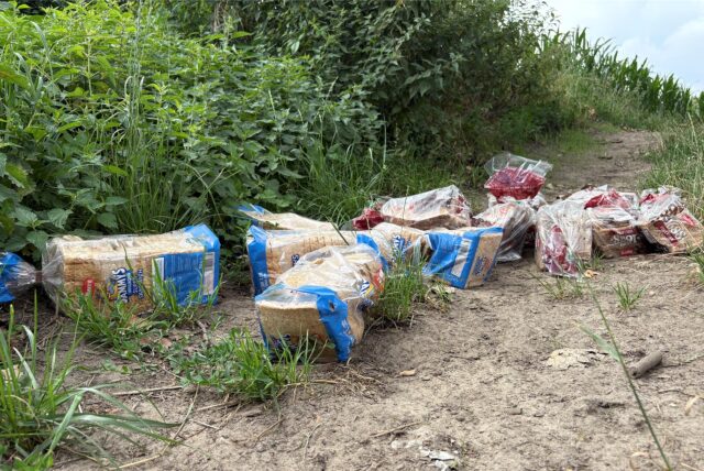 Auf einer unbefestigten Fläche ist eine illegale Müllablagerung von mehreren verpackten Broten zu sehen. Die Brote sind unterschiedlicher Sorten und liegen zwischen Gras und Büschen.