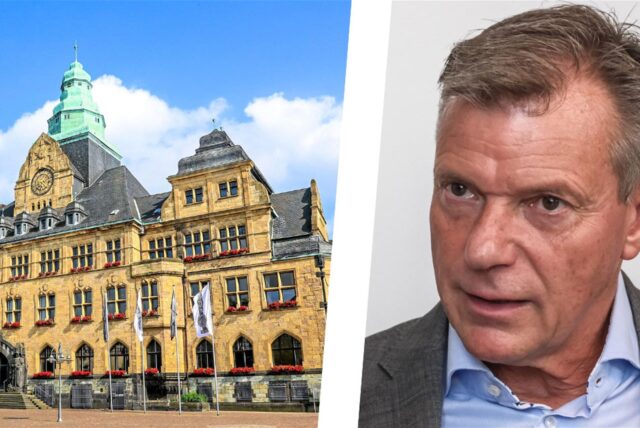 Links eine Ansicht des Rathauses in Recklinghausen, rechts ein Porträt von Bürgermeister Christoph Tesche