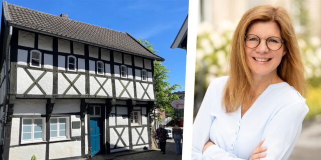 Montage zeigt links eine Ansicht des „Tempel“-Fachwerkhauses in Waltrop und rechts die Pressesprecherin der Stadt Waltrop, Tamina Forytta.