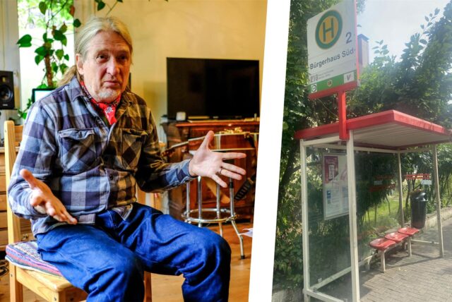 Das Foto links zeigt den Musiker Eddie Wagner in seinem Wohnzimmer in Recklinghausen-Süd während eines Gesprächs. Das Bild rechts zeigt das Wartehäuschen der Bushaltestelle Bürgerhaus Süd an der Theodor-Körner-Straße in Recklinghausen.